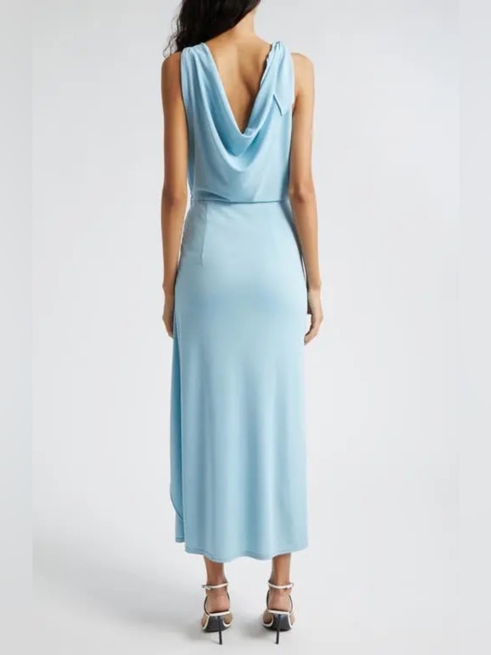 NEW Cinq à Sept Odin Drape Detail Midi Dress Agua Fria Solid Cowl Neck Size 10 - Picture 2 of 13